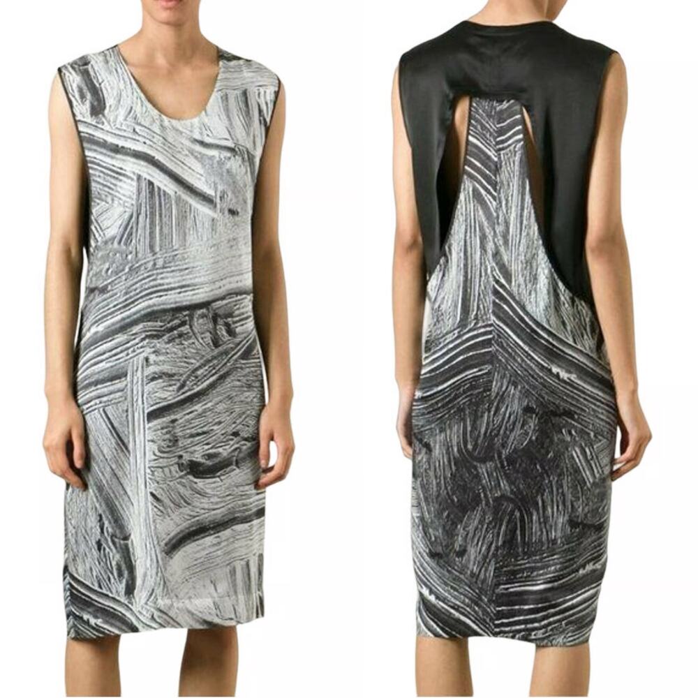 Helmet Lang 100% Silk Method Cutout Shift Dress Black Gray Marble Print P XS